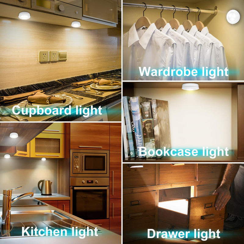 LUXSWAY LED Puck Light, Ultra-Thin Touch Lights, Battery Operated, Tap Lights, 60 Lumens, Stick on Lights, Under Cabinet Lighting, Ideal for Kitchen Cabinets, Closets, Garage and More, 3-Pack, White White - Manual ON/OFF Puck Lights