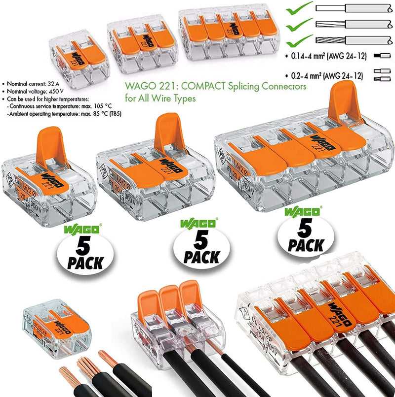 Wago 2 Port (5) 3 Port (5) 5 Port (5) 221 Splicing Connector, Lever-Nut Assortment Pocket Pack for All Wire 12-24 AWG