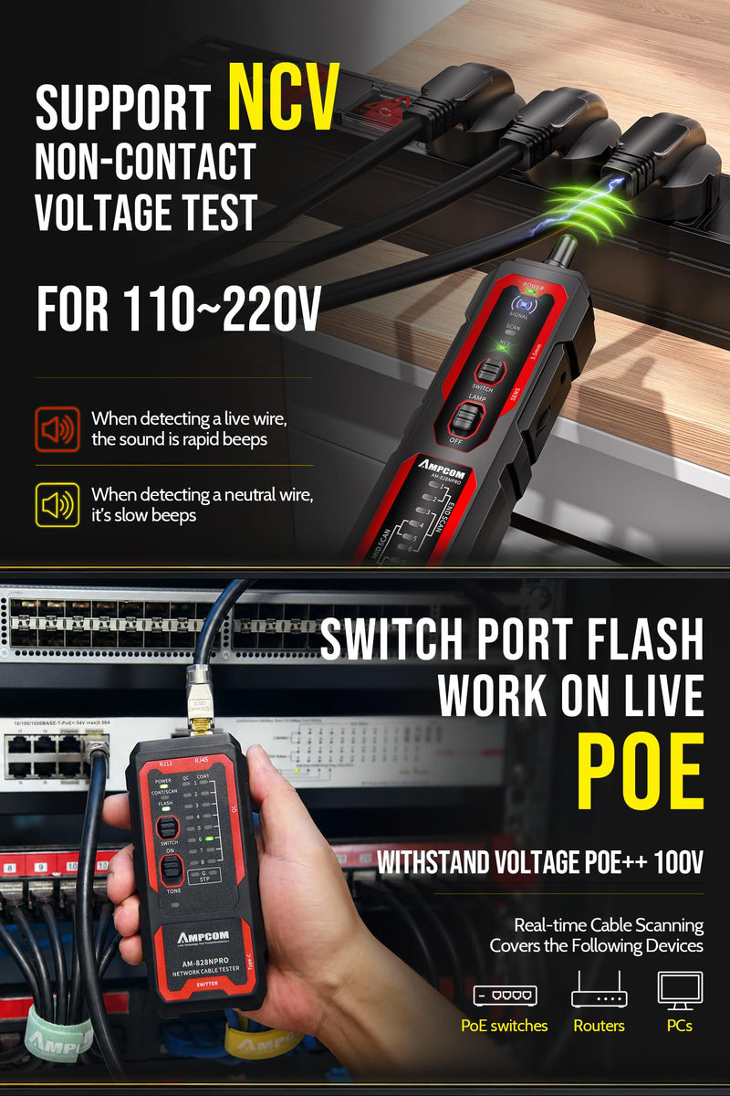 AMPCOM Tone Generator & Probe Kit, Rechargeable Wire Tracer Network Tester | Li-ion battery, Wire Tracker & Cable Tracer, Continuity Tests, LED Flashlight, Audio Monitoring, Switch Port-flah