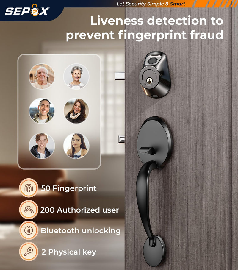 SEPOX® Smart Deadbolt Door Lock, 5-in-1 Keyless Entry (Fingerprint, Bluetooth, WiFi, Tuya APP, Key) Auto Lock/Unlock, Front Gate & Bedroom Compitable, Upgrade Lever & Knob, Unique & Universal Design Matt-Gun-Black 1 Piece