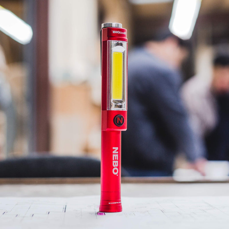 NEBO Big Larry 2 Work Light | 500 Lumens, 4 Light Modes, Magnetic LED Flashlight & Portable COB Task Lamp, Battery Powered, Pocket Clip, Water Resistant, Includes 3x AA Batteries — Red