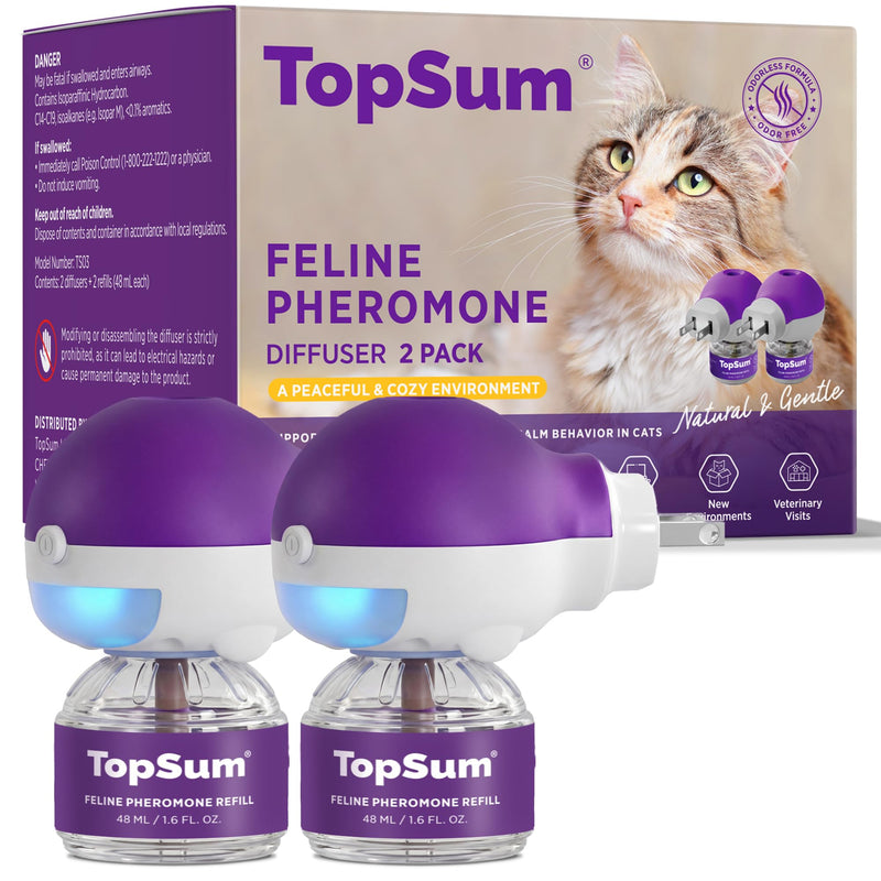 TopSum Cat Calming Pheromone Diffuser: Feline Pheromones Plug in for Stress, Alone At Home, Spraying, Fighting, Scratching, Aggression & Excessive Meowing (Purple– 2 Diffusers+2 Refills) Purple– 2 Diffusers+2 Refills