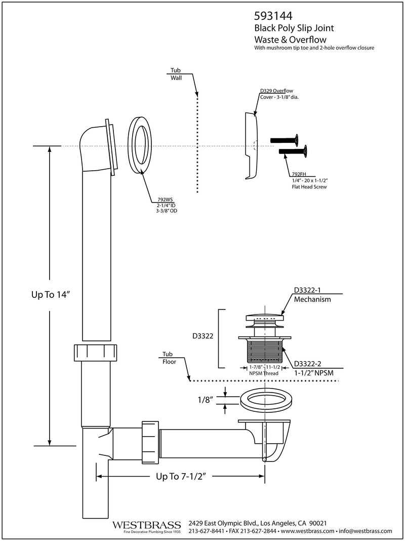 Westbrass 593144-62 14" Black Tubular Bathtub Waste & Overflow Assembly with with Tip-Toe Drain Plug and 2-Hole Faceplate, Matte Black 1-Pack