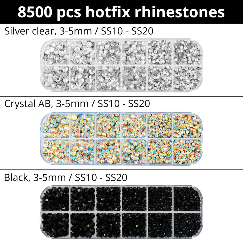 Hot Fix Applicator Tool Kit with 8500 Rhinestones for Blinging Clothes, Fabric, Clothing, Leather, Hotfix Bedazzler Kit with 6 Tips, Stand, Gift Box, Manual, Glove, Stencils, Tray, Tweezers, Picker Hotfix tool + 8500 hotfix gems + Box