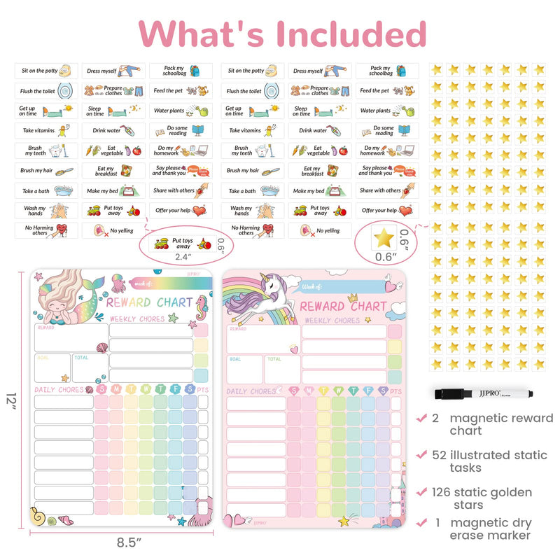 Magnetic Dry Erase Chore Chart for Two Kids, Reward Chart for Kids Behavior. Includes 52 Static Tasks, 126 Golden Stars and Unicorn & Iridescent Mermaid Magnetic Charts Each Unicorn+Mermaid