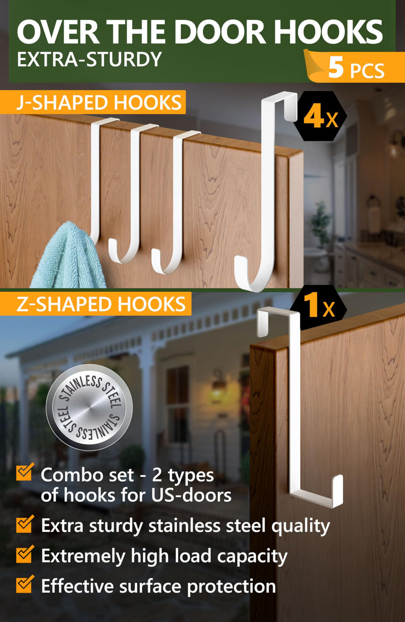 4smile Over The Door Hooks 5 Pack - White Coat Hanger x 4 & 2-Sided Wreath Hanger x 1 Set, Towel Holder for Door Width up to 1 3/8", Hooks for Hanging with Anti-Scratch Pads & Removable Non-Slip Dots 5 Set
