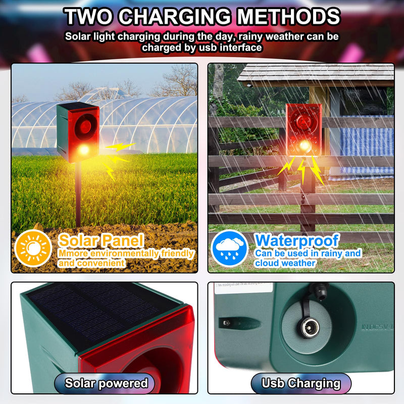 Qualirey 2 Pcs Solar Outdoor Motion Sensor Alarm with Stake Gunshot Sound Dog Barking, 3 Modes Support Recording and Adjustable Volume USB Charging 129 dB Loud Noise Maker for Animal Deterrent