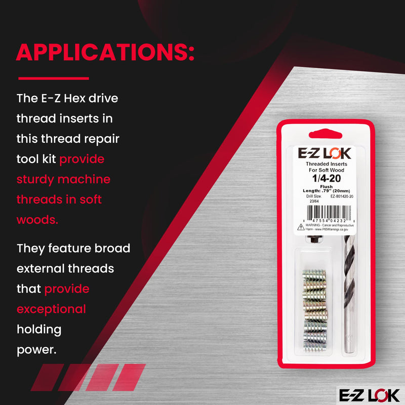 E-Z LOK E-Z Hex Thread Repair Kit for Soft Wood Flush Threaded Inserts 1/4-20 x 20mm, Drill, Installation Tool