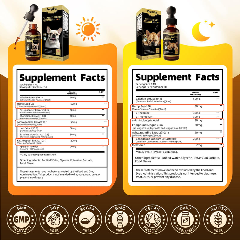 Dog Calming & Melatonin Drops, Day & Night Calm Support Set, Anxiety & Stress Support Calming Treat, Enhance Calmness & Sleep for Separation, Travel, Fireworks & Thunder, Bacon Flavor, 2 FL.Oz Calming & Melatonin Set