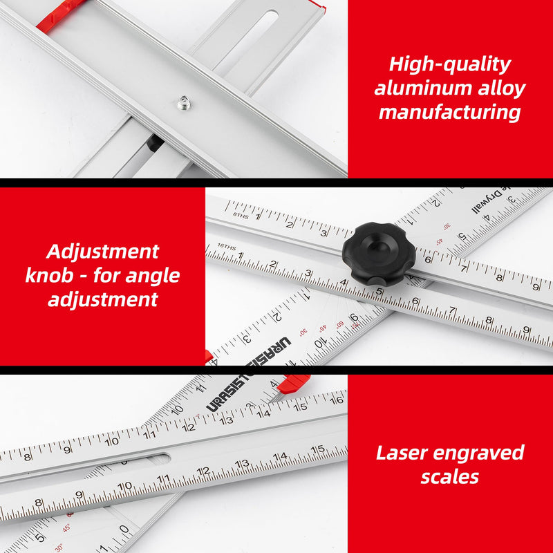 URASISTO 24 Inch T-Square Tool, Aluminum Adjustable Drywall T-Square Ruler, Multi Angle Measuring Ruler for Layout and Marking