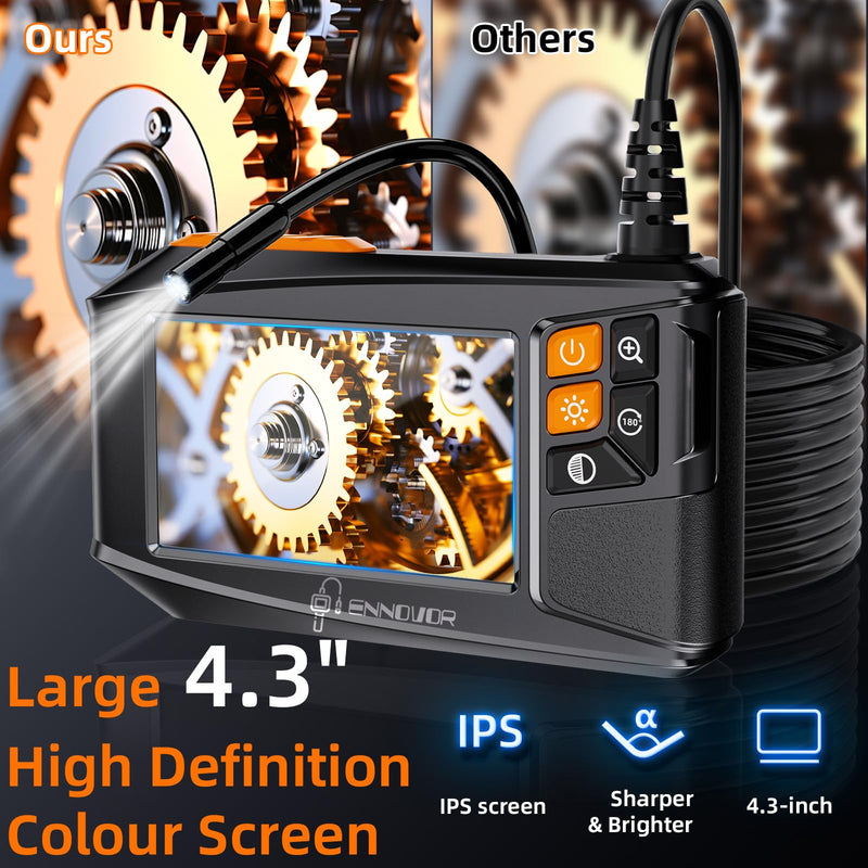 Endoscope Camera with Light, 1920P HD 4.3" Display Borescope Camera with 8 Adjustable LED Lights, 16.5ft Semi-Rigid Snake Camera with Light, IP67 Waterproof Inspection Camera, Cool Gadgets for Men