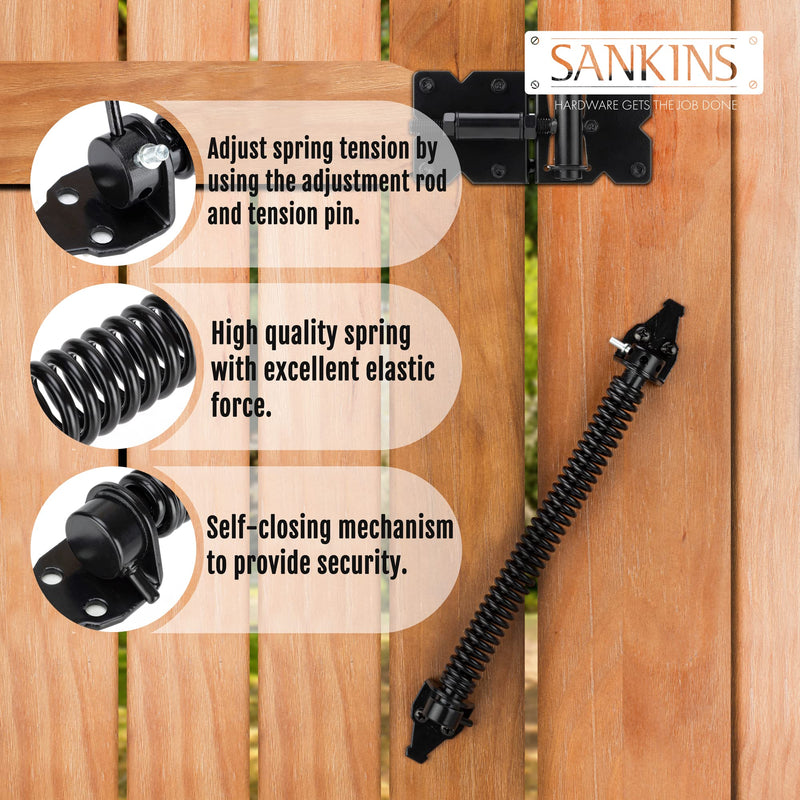 14" Gate Spring Self Closing Heavy Duty Outdoor Door Spring Automatic Metal Gate Closure Hardware with Adjustable Tool for Wooden and Vinyl Fence, Black 1