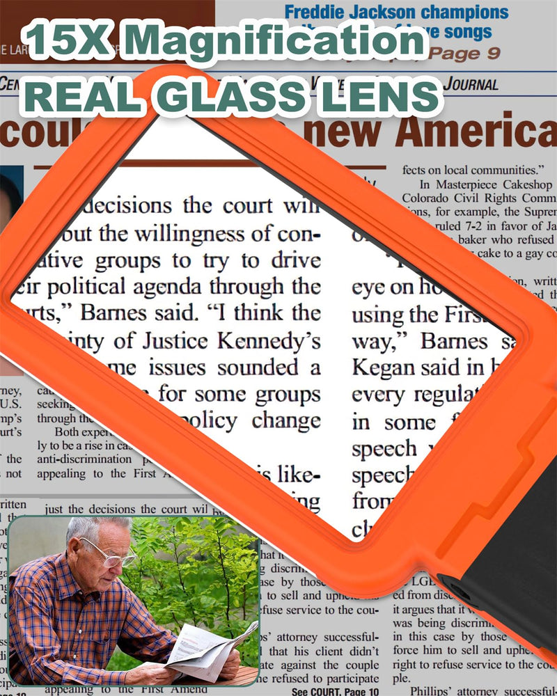 15X Magnifying Glass with Light and Stand, Rechargeable Folding Handheld Real Glass Magnifier, 3 Color Modes Dimmable Lighted Page Magnifier for Reading Small Prints, Seniors with Macular Degeneration Orange-back 15X