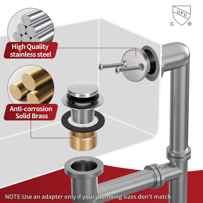 PRIMSOPH Tip-Toe Tub Drain Trim Kit with Two Hole Overflow Faceplate Conversion Kit Assembly Universal Fine Coarse Thread Replacement Brushed Nickel