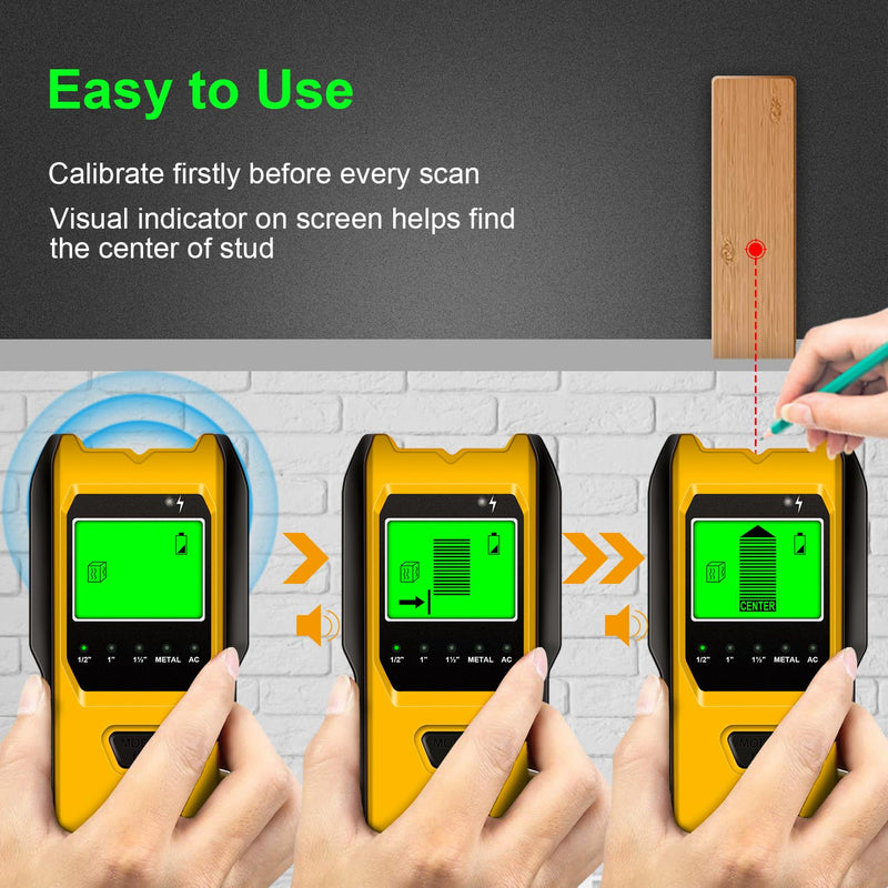 Stud Finder Wall Scanner, 5 in 1 Multifunction Stud Locator with Upgraded Smart Sensor, HD LCD Display and Audio Alarm for The Center & Edge of Metal, Studs, AC Wire, and Pipe Detection (Lemon) Lemon