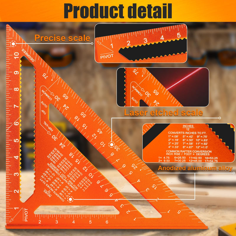 Carpenter Square 12 Inch, Rafter Square for Angle Drawing Measuring Ruler, Framing Square Tool Aluminum for Woodworking, Carpentry Orange