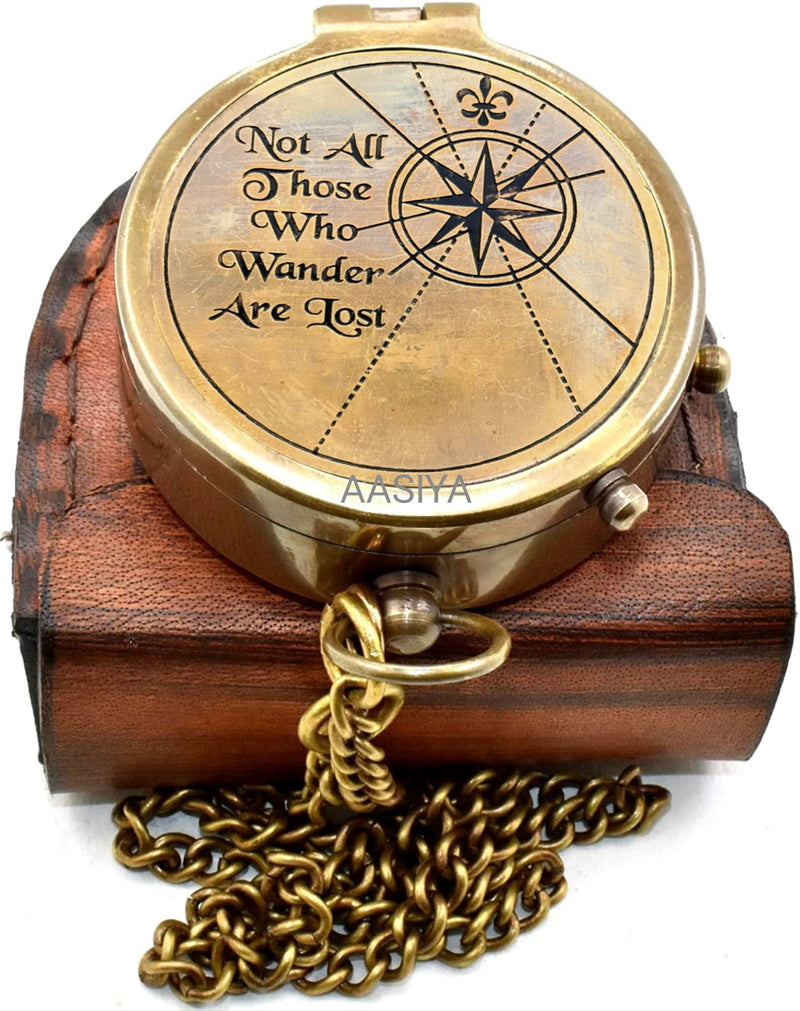 AASIYA Not All Those Who Wander are Lost Brass Gift Engraved Compass with Leather case, Graduation Day Baptism Communion Confirmation Day Motivational LOTR J.R.R. Tolkien