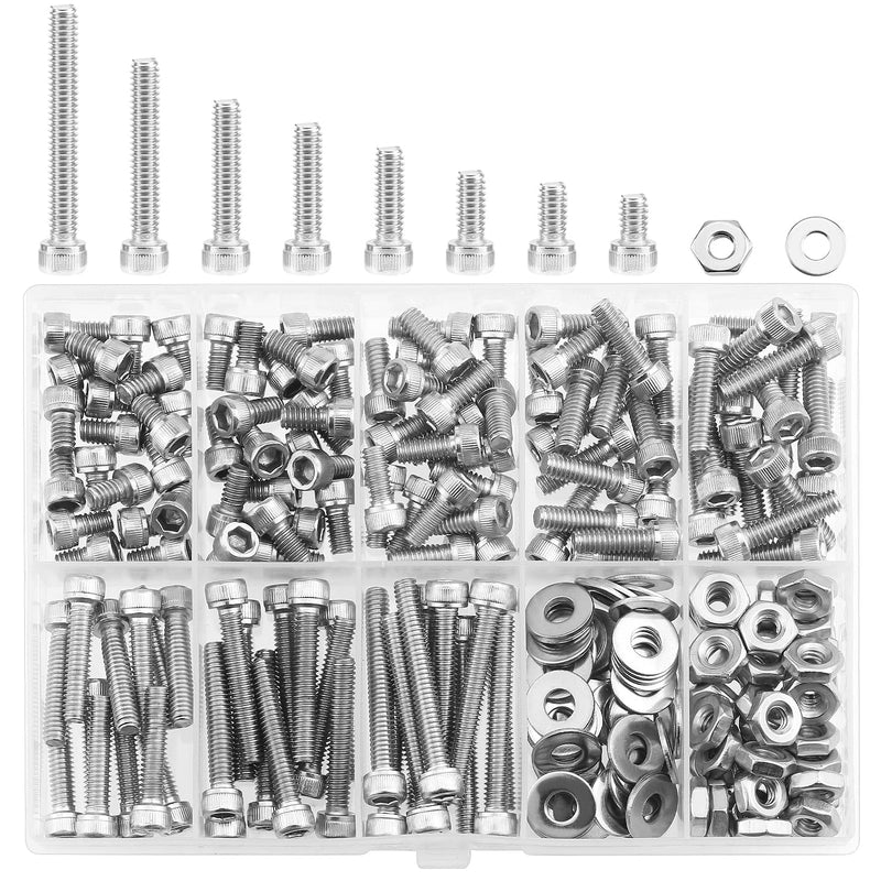 200 Pieces #8-32 x 1/4" 5/16" 3/8" 1/2" 5/8" 3/4" 1" 1-1/4", Hex Socket Head Cap Screws Bolts Washers Nuts Kit, Coarse Thread, Fully Machine Threaded, 304 Stainless Steel