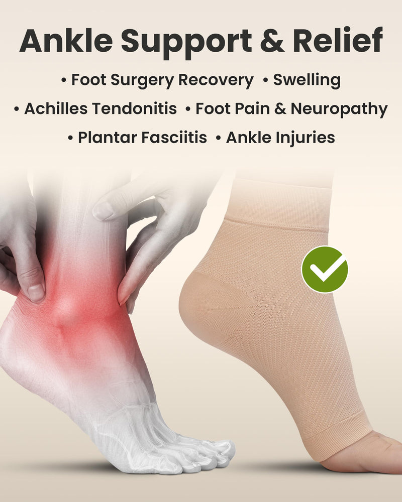 KEMFORD Ankle Compression Sleeve - Plantar Fasciitis Braces - Open Toe Compression Socks for Swelling, Sprain, Neuropathy, Foot Arch Support for Men and Women - 20-30mmhg, M, Beige M (20-30 mmHg)