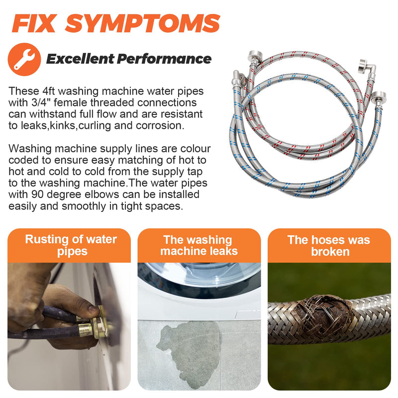4FT Stainless Steel Washer Hoses with 90 Degree Elbows by Beaquicy - 2 Pack No-Lead Burst Proof Hot & Cold Water Connection Inlet Washer Supply Lines