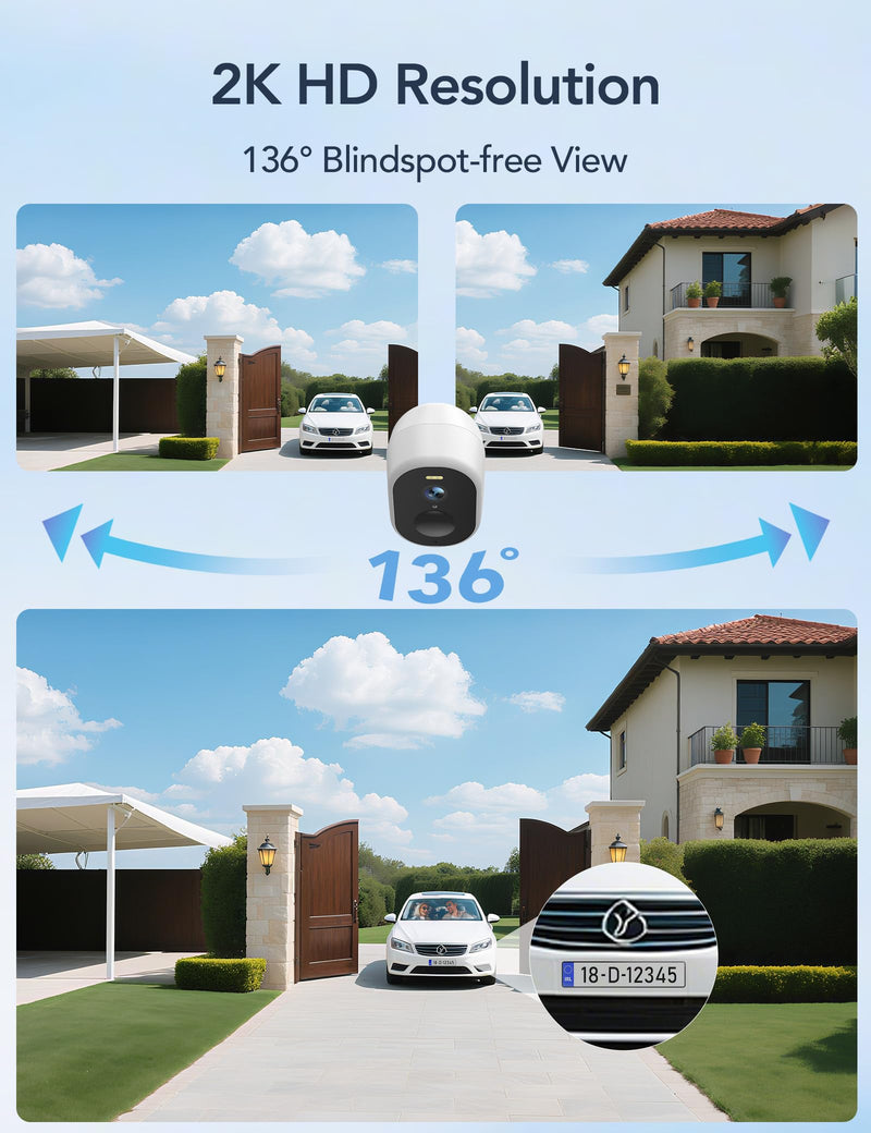 GNCC Solar Security Cameras Wireless Outdoor, 2K Outdoor Battery Camera, Color Night Vision, SD/Cloud Storage, Alarm Detection, 2.4 & 5GHz WiFi, Easy to Install, Manually Adjust View 1