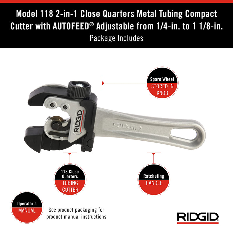 RIDGID 32573 Model 118 2-in-1 Close Quarters AUTOFEED 1/4" to 1-1/8" Metal Tubing Compact Cutter, Silver/Black 13 x 6.75 x 2 inches Pliers