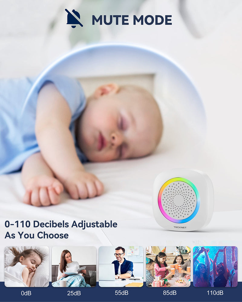 TECKNET Wireless Doorbell, Portable Doorbell with RGB Light, Battery Powered IP66 Waterproof Cordless Door Chime Kit, 1300 ft Wireless Range, 60 Chimes & 5 Level Volume, Using Time up to 4.5 Years 1 push button 1 portable receiver White