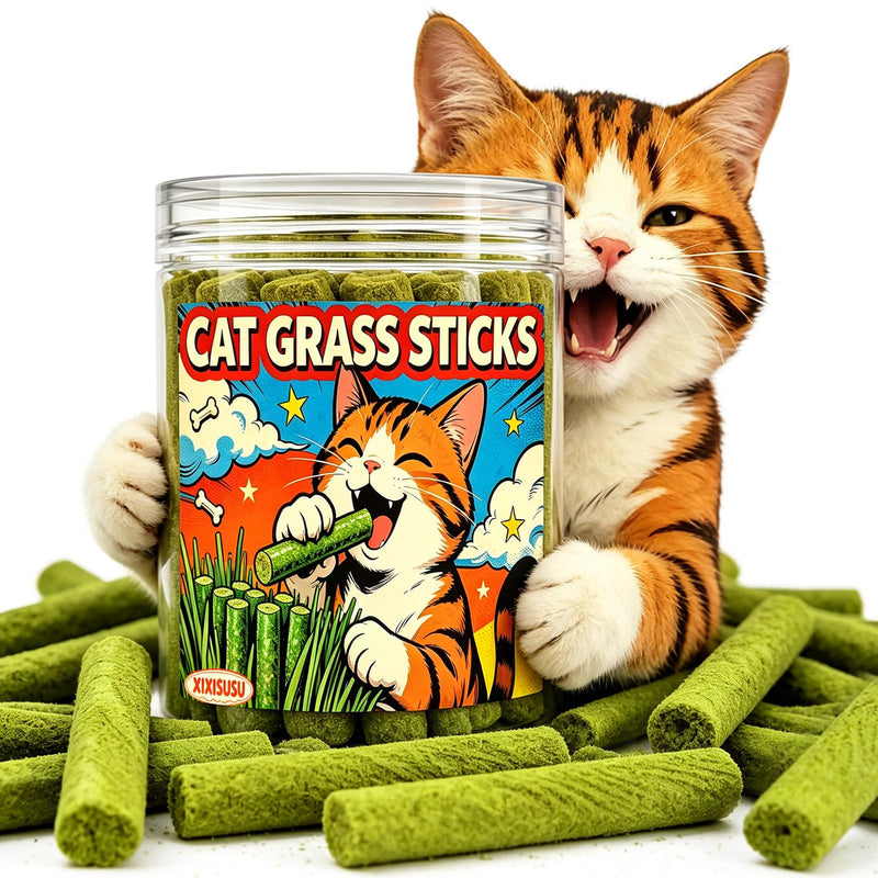 Cat Grass Teething Sticks for Indoor Cats - Freeze Dried Chew Toy for Hairball Control & Teeth Cleaning, 3oz Resealable Jar of Cat Grass Sticks 3 oz