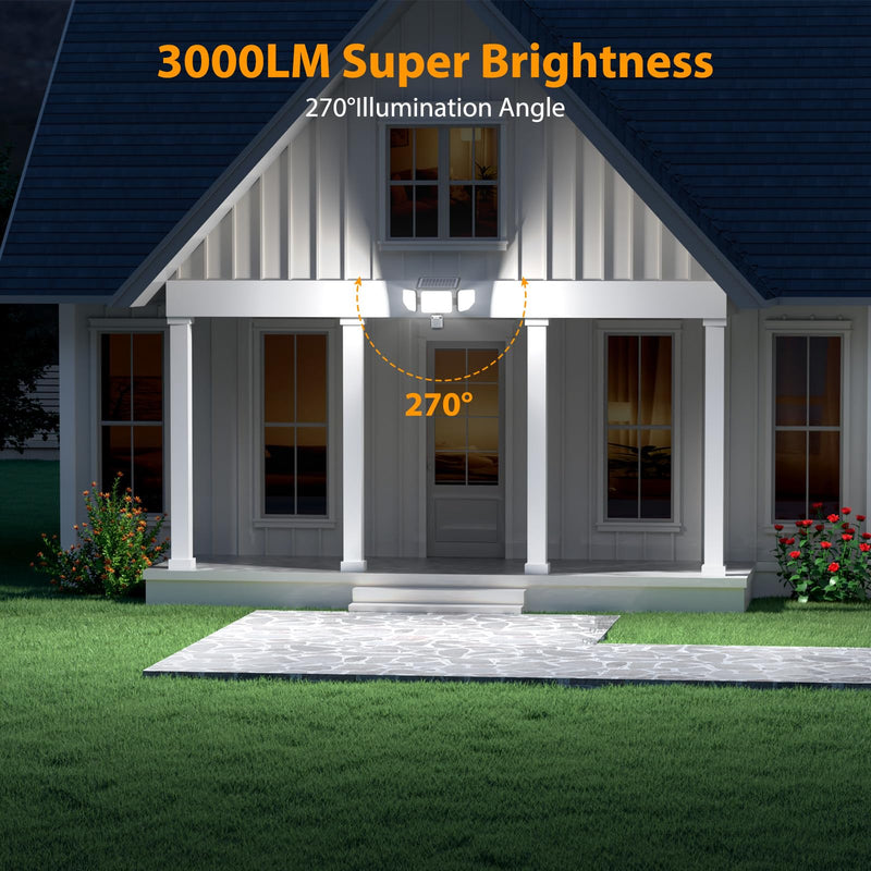 Onforu 3000LM Solar Lights Outdoor, 258 LED 3 Heads Security Lights with Remote Control, IP65 Waterproof Motion Sensor Lights, 3 Modes Flood Lights for Wall, Porch, Yard, Outside, 2 Pack
