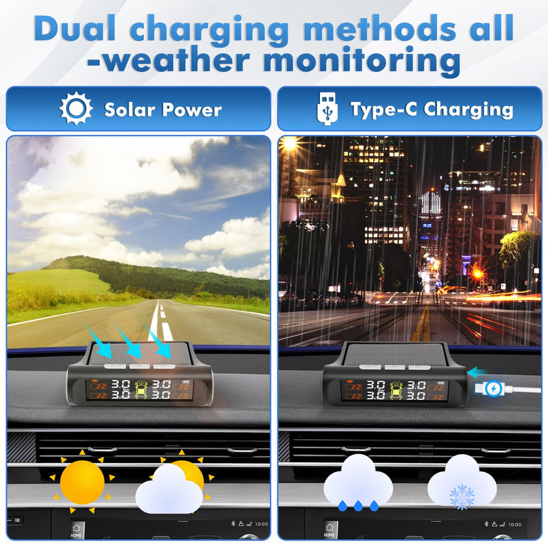 Tire Pressure Monitoring System with Solar Charge,TPMS Tire Pressure Monitor System with 4 External sensors & 5 Alarm Modes, Real Time Monitoring Pressure & Temperature,Suitable for 4 Wheeled Vehicles