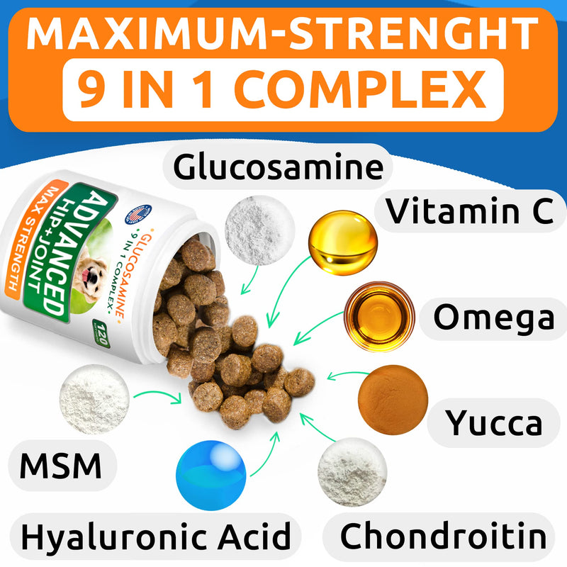 Glucosamine Dog Treats + Calming Hemp Treats Bundle - Senior Advanced Joint Health + Anxiety Relief - Chondroitin, Omega-3 + Hemp Oil - Hip & Joint Care + Stress Relief - 120 + 120 Chews - Made in USA