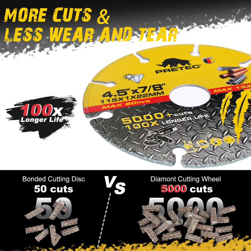 4 1/2 Inch Diamond Cutting Wheel, Metal 4 1/2'' Cut Off Wheel with 7/8" Arbor Hole, Angle Grinder Cutting Disc with 5000+ Cuts on Rebar, Steel, Iron and INOX, 100x Longer Wheel Life-1 Pack Diamond Cutting Wheel-4-1/2"
