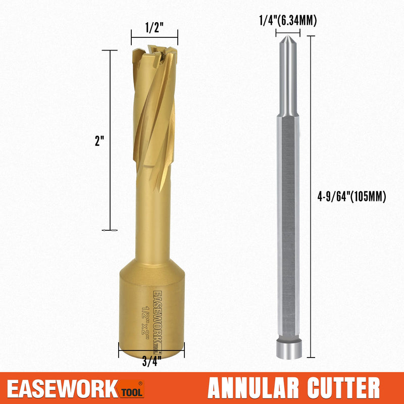 EASEWORK TOOL Carbide-Tipped Annular Cutter, 1/2-inch Cutting Diameter x 2-inch Cutting Depth, 3/4" Weldon Shank, TCT Mag Drill Bit with Advanced PVD Nano-Coating 1/2" * 2"
