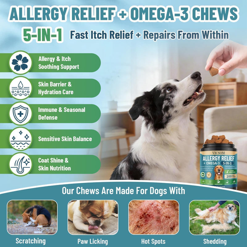 Dog Allergy Chews Omega 3 is Human, Dog Allergy Relief Itch Relief, 200 Chews Anti-Itch for Dogs Itchy Skin, Ear & Paw Licking, Allergy Relief Chews with Probiotics Fish Oil for Gut, Immune & Coat