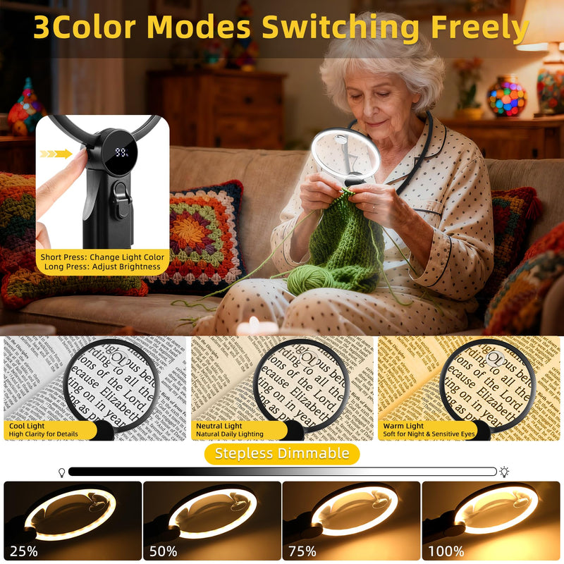 2500mAh Magnifying Glass with Light, Upgrade LCD Display Screen 5X/10X Lighted Magnifier for Seniors & Low Vision, Hands Free Magnifier for Reading, Knitting, Cross Stitch & Crafts Black