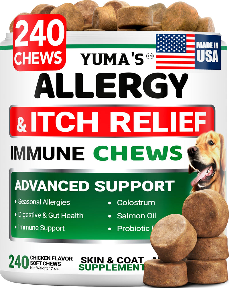 Dog Allergy Relief Chews - 240 Immune Treats - Dog Itching Skin Relief Treatment Pills - Anti-Itch - Itchy and Paw Licking - Omega 3 Fish Oil for Dogs Allergies - Dry Skin & Coat Supplement Vitamins 240 Chews Dog Allergy Chews
