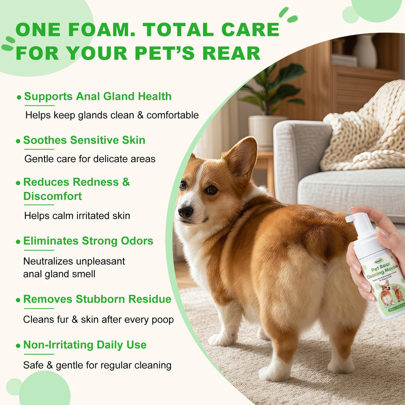 Pet Anal Gland Cleaner & Dog Butt Wash Mousse - No-Rinse Deodorizing Foam for Dogs & Cats - Deep Cleansing for Itchy Scooting, Fishy Odors & Sticky Mess