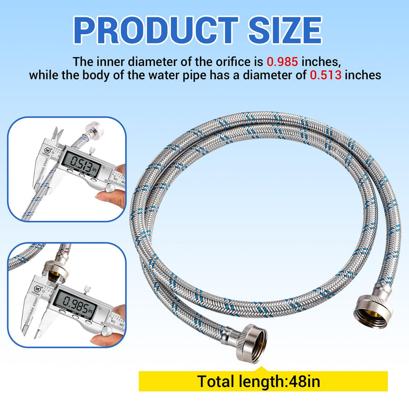 4 Ft Washing Machine Hoses, Premium Stainless Steel Washer Hoses Burst Proof 2 Packs, Hot and Cold Striped Water Supply Hoses for ALL Washing Machine