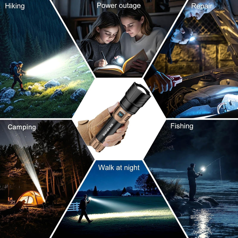 SKYFIRE LED Flashlights High Lumens with Ignition Lens,2000lm Super Bright Rechargeable Flashlight, Zoomable,Four Modes,Waterproof Tactical Flash Light for Camping Essentials,Outdoor and Home,Gift Rechargeable Flashlight-Black & Gold with Ignition Lens