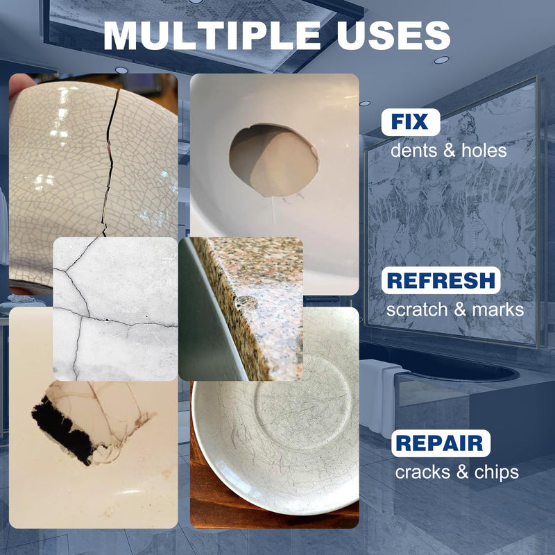 Porcelain Repair Kit - 3.4oz Tile and Fiberglass Tub Repair Kit, Fast Repair Granite and Quartz Countertop Chip Repair Kit for Cracks, Dents, Holes on Ceramic Bathtub Sink, Marble, Acrylic, Granite