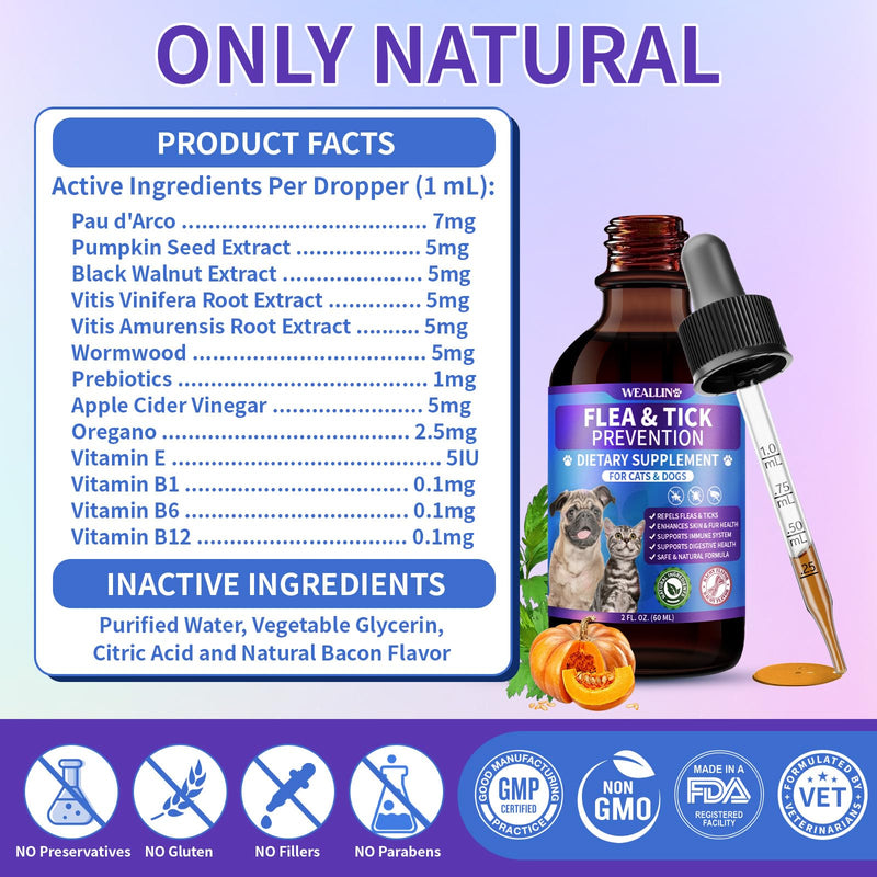 WEALLIN Flea and Tick Support for Dogs and Cats Natural Flea Treatment Drops with Multivitamin for Pets Oral Flea & Tick Prevention for Dogs and Cats Flea Herbal Drops for All Breeds and Ages