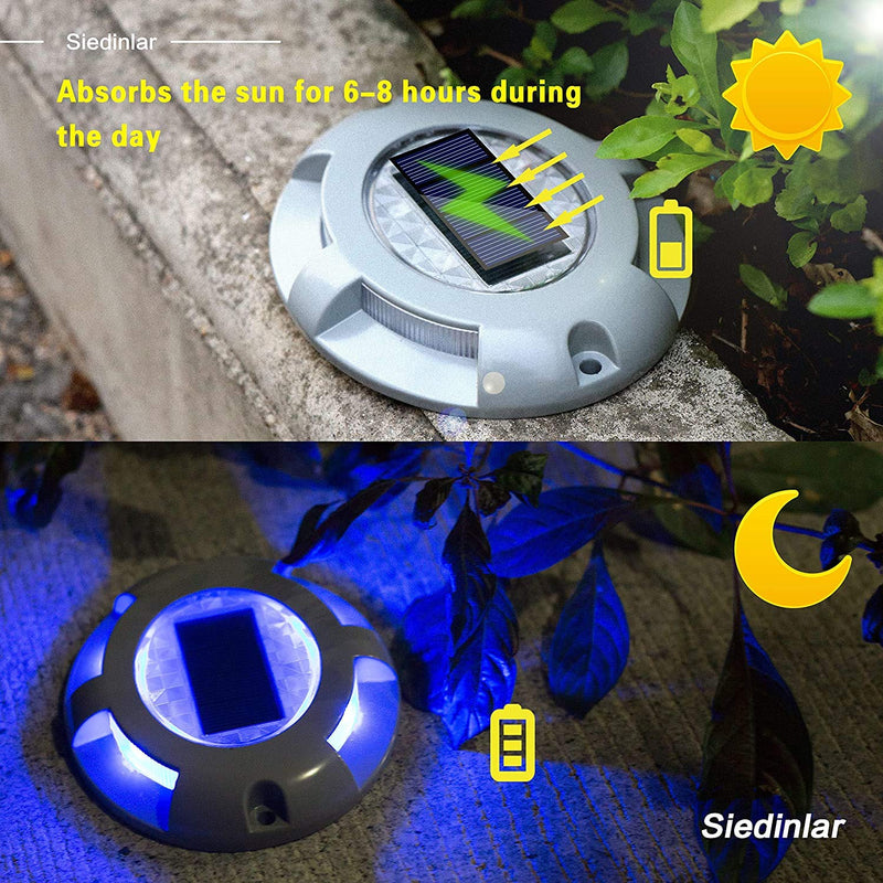 SIEDiNLAR Solar Deck Lights Driveway Dock Light LED Solar Powered Outdoor Waterproof Road Markers for Garden Step Sidewalk Stair Ground Pathway Yard 4 Pack (Blue) Blue Light