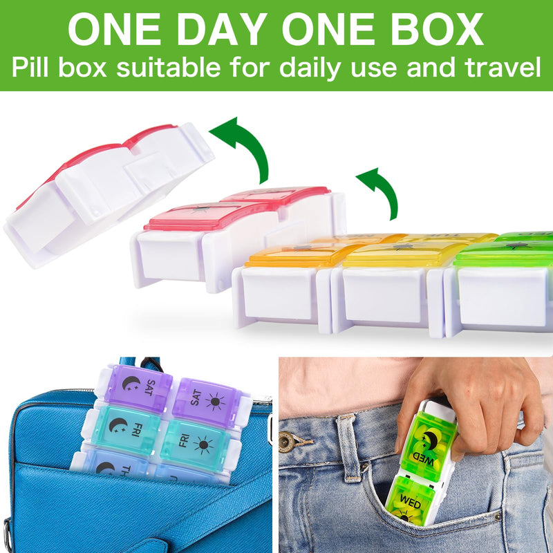DailyRest Pill Organizer 2 Times a Day, 1 Pack Day Night Pill Case, Detachable Push Button Design, Large Compartment Weekly 7 Day Pill Box, Medicine Organizer for Fish Oil/Vitamins/Supplements 7 Colours