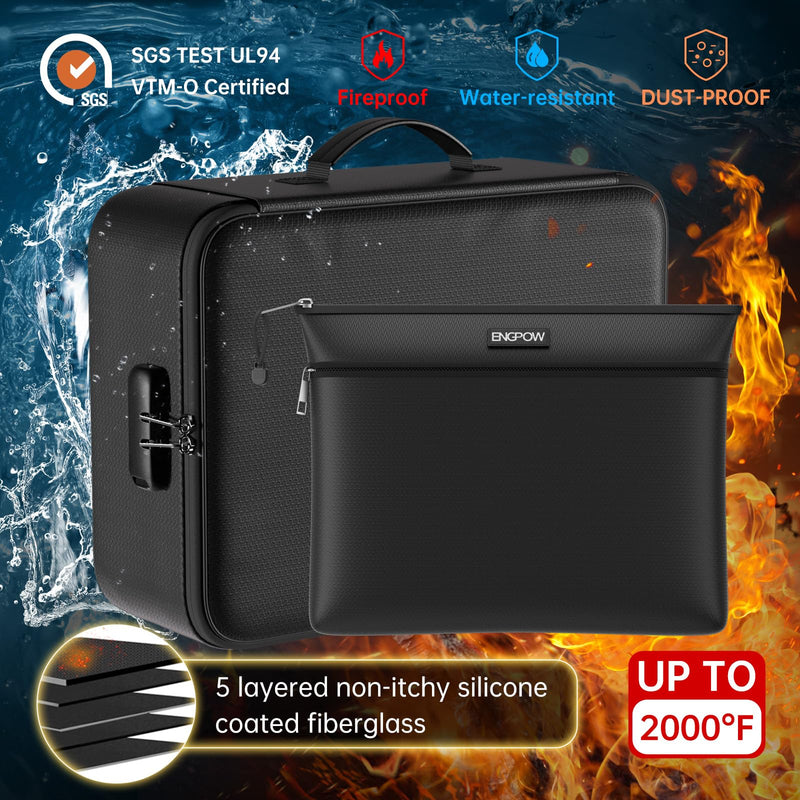 ENGPOW Fireproof Document Bag with Lock,File Organizer Set with Zipper Money Case,5 Layers Protection Fireproof Safe Storage for Important Documents,Passport,Laptop,14.2"*10.6"*4",Soft Case Black