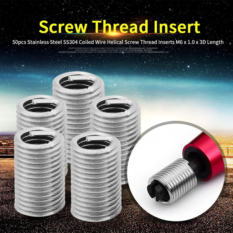 M6 Helicoil Inserts 6Mm Helicoil Bits Stainless Steel 304 50Pcs Stainless Steel Ss304 Coiled Wire Helical Screw Thread Inserts M6 X 1.0 X 3D Length