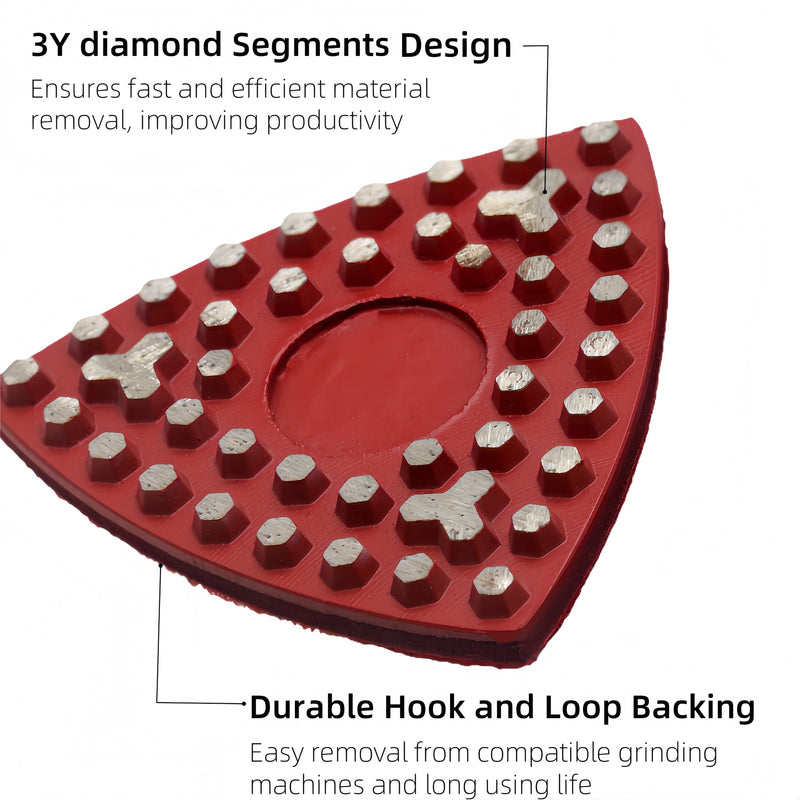 Triangular Diamond Grinding Pads for Corner Edge, 3 Inch Metal Triangle Grinding Tools with 39 Hexagon Segments and 3 Y Style Segments (100 Grit) 100 Grit