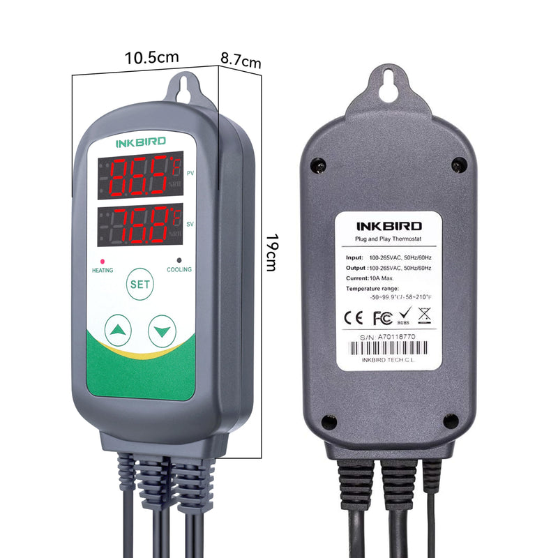 Inkbird ITC-308 Digital Temperature Controller 2-Stage Outlet Thermostat Heating and Cooling Mode Carboy Homebrew Fermenter Greenhouse Terrarium 110V 10A 1100W Non-WiFi ITC-308