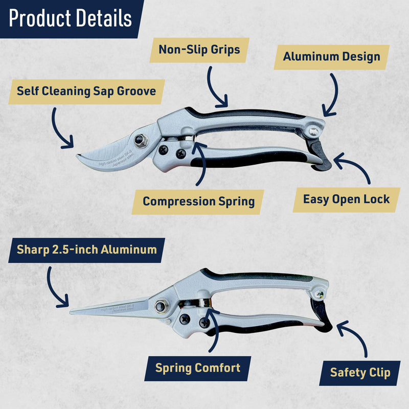 Pruning Shears for Gardening 2-Pack - 7.87” Bypass Pruners and 7.67” Straight Garden Scissors with Carbon Steel Blades and Leather Sheath - Handheld Plant Clippers and Snips by Kings County Tools