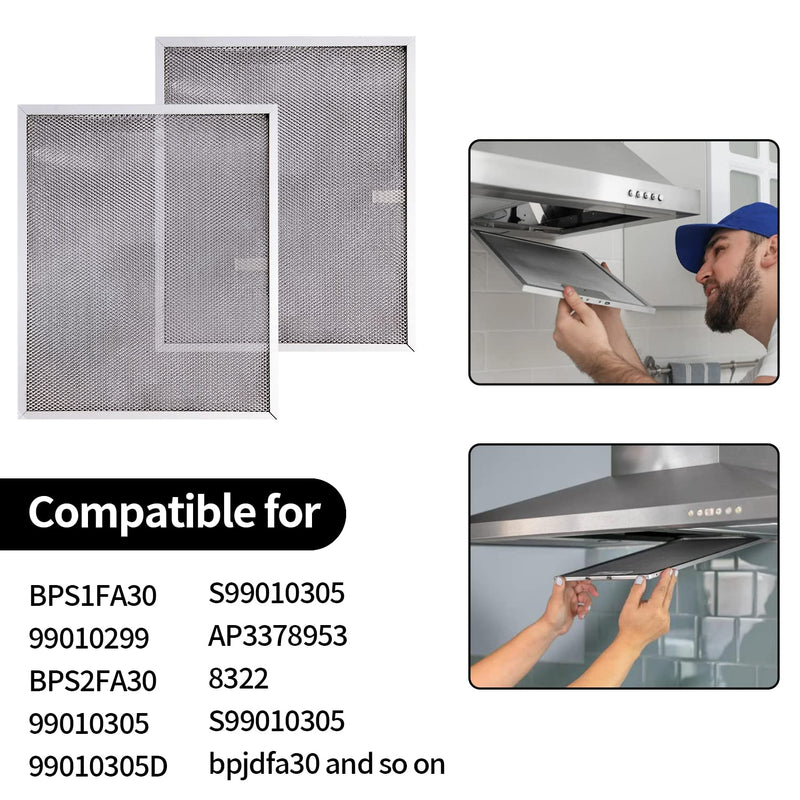 BPS1FA30 Range Hood Filter 11-3/4"X 14-1/4"X 3/8" for 30-Inch Broan Nutone QS1 WS1, Allure Grease Filter, Replaces 99010299,S99010305,AP3378953 Range Hood Filters Replacement Aluminum(2 Pack) Silver-2pcs