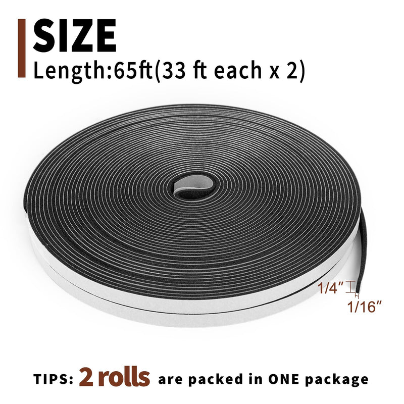 Yotache Thin Weather Stripping 2 Strips Total 65 Feet Long 1/16 Inch Thick x (.25) 1/4 Inch Wide, 1.5mm Foam Gasket Seal Tape for Window, Sliding Door Jamb, Speaker, Dashboard, 2 X 33 Ft Each 1/4 x 1/16"